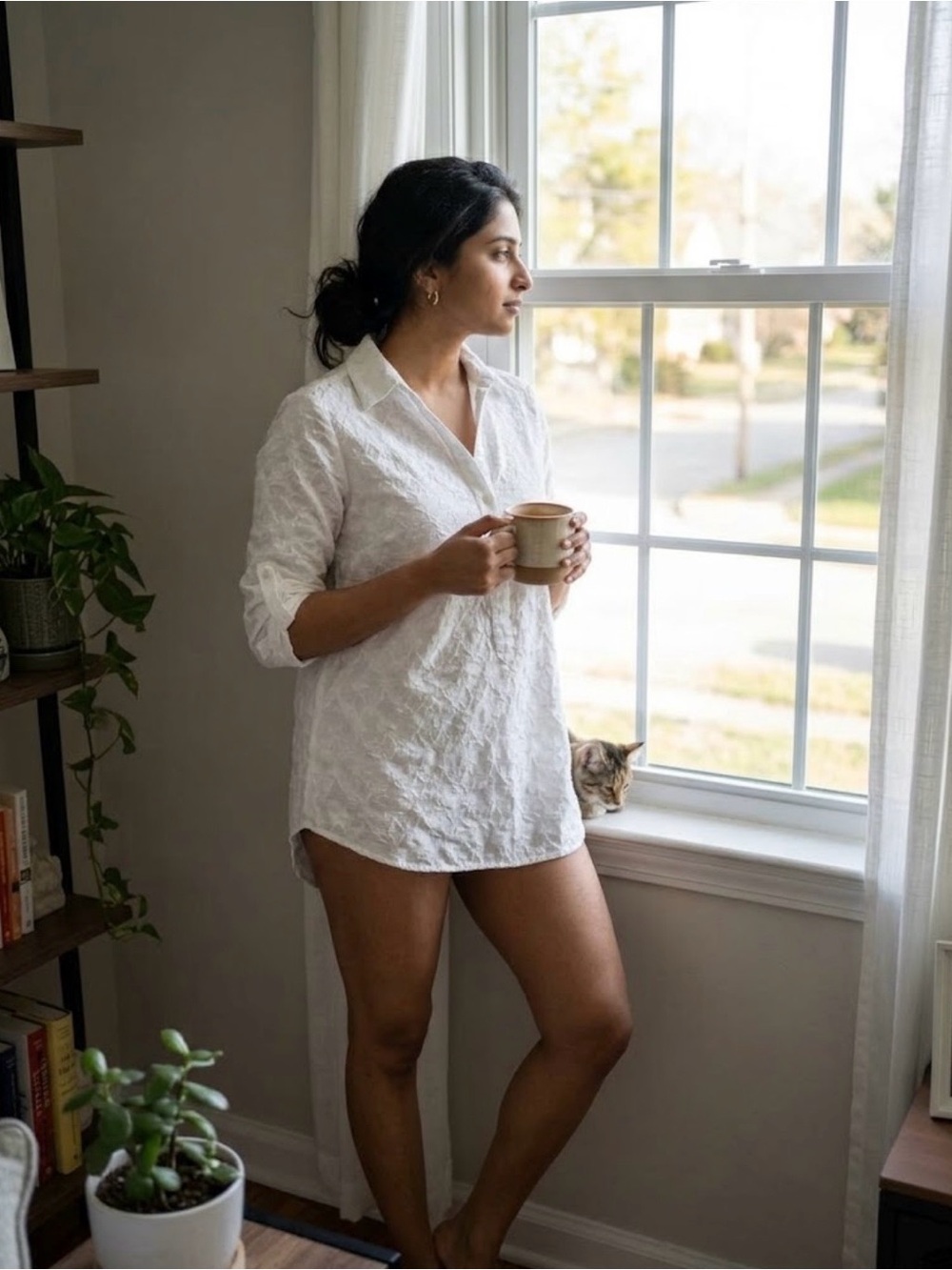 Sexy White Cotton Tunic Sleep Shirt - Relaxed V-Neck